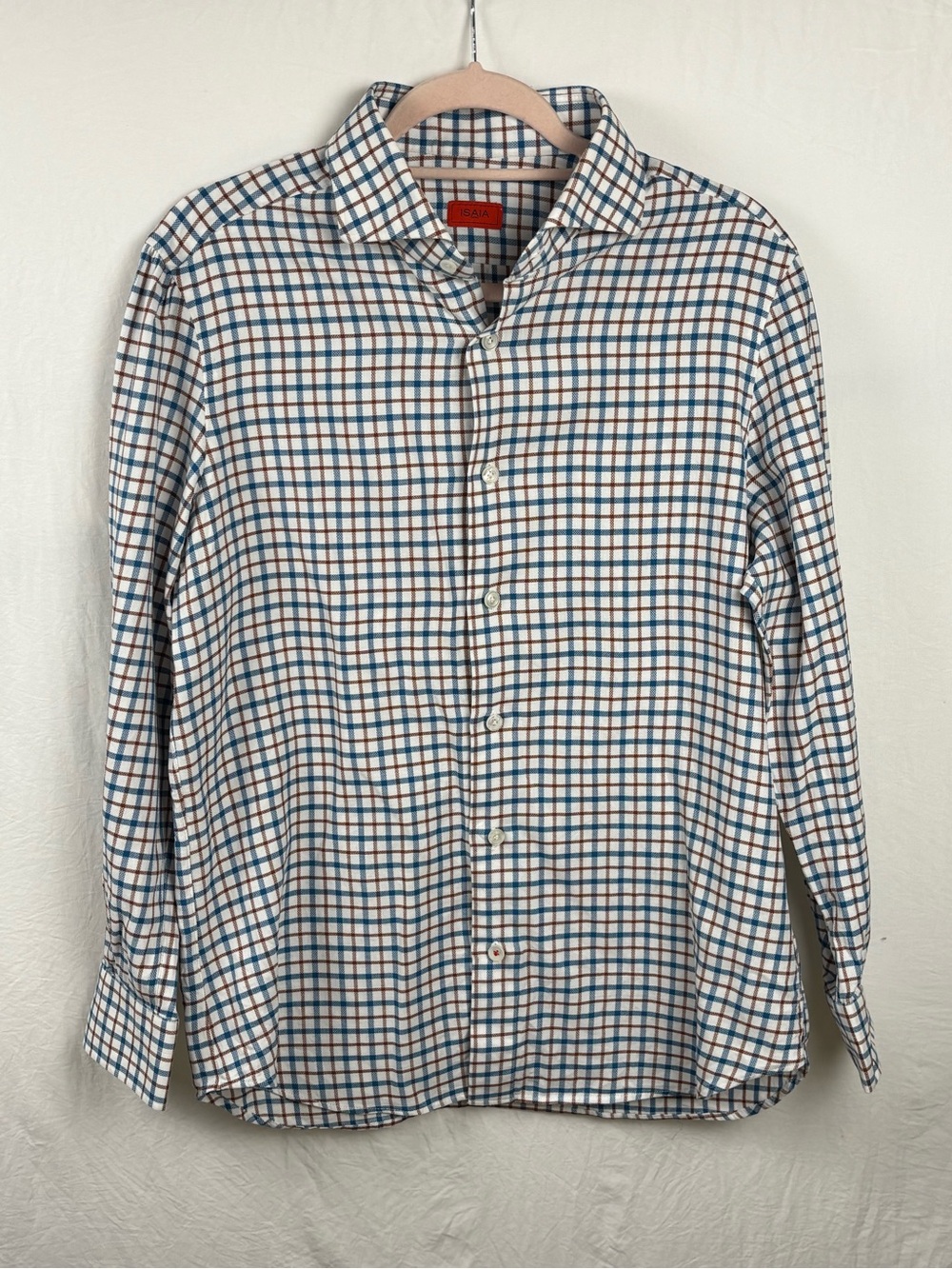 Isaia Men's 42 16.5 Check Button-Up Shirt White, Blue & Brown Casual Dress Shirt